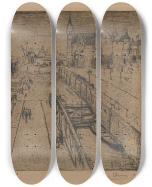 Triptych art skateboard deck of Frans Hens The Quay At The Steen by Frans Hens (1856-1928)