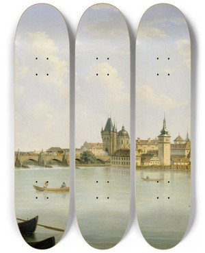 Triptych art skateboard deck of Alois Von Saar Ansicht Von Prag Mit Der Moldaubrcke Karlsbrcke by Alois Von Saar (1779-1840)