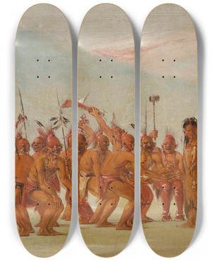 Triptych art skateboard deck of George Catlin Dance To The Berdash by George Catlin (1796-1872) Triptych art skateboard deck of George Catlin Dance To The Berdash by George Catlin (1796-1872)