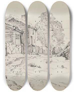Triptych art skateboard deck of Christian Skredsvig Fire Barn P Tun by Christian Skredsvig (1854-1924)