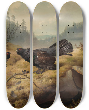 Triptych art skateboard deck of Ferdinand Von Wright The Fighting Capercaillies by Ferdinand von Wright (1822-1906)