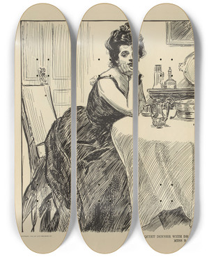 Triptych art skateboard deck of Charles Dana Gibson A Quiet Dinner With Dr Bottles by Charles Dana Gibson (1867-1944)