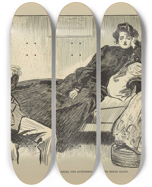 Triptych art skateboard deck of Charles Dana Gibson Miss Babbles The Authoress Calls And Reads Aloud by Charles Dana Gibson (1867-1944)