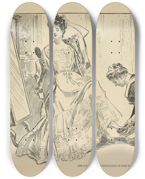 Triptych art skateboard deck of Charles Dana Gibson She Finds Some Consolation In Her Mirror by Charles Dana Gibson (1867-1944)