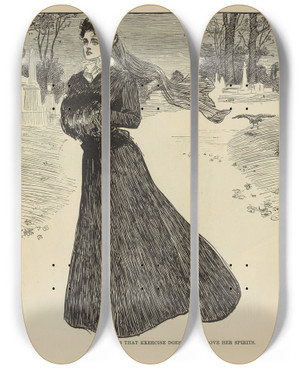 Triptych art skateboard deck of Charles Dana Gibson She Finds That Exercise Does Not Improve Her Spirits by Charles Dana Gibson (1867-1944)