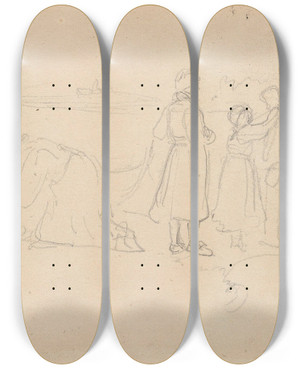 Triptych art skateboard deck of Adolph Tidemand Kvinner P Stranden by Adolph Tidemand (1814-1876)