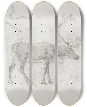 Triptych art skateboard deck of Hans Gude Studier Av Hjort by Hans Gude (1825-1903)