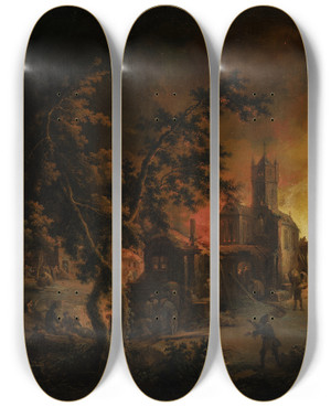 Triptych art skateboard deck of Johann Georg Trautmann Conflagration At Night_2 by Johann Georg Trautmann (1713-1769)