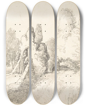 Triptych art skateboard deck of Thomas Rowlandson Wooded Landscape With Ruins by Thomas Rowlandson (1756-1827)
