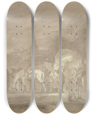 Triptych art skateboard deck of Peter Von Hess Nchtliche Rast In Einem Kirchdorf by Peter Von Hess (1792-1871)