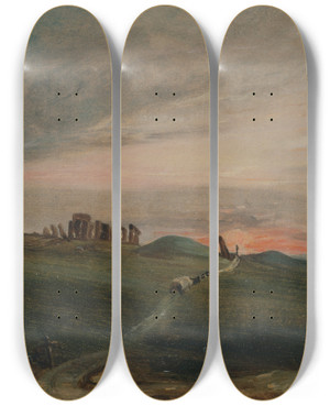 Triptych art skateboard deck of John Constable Stonehenge At Sunset by John Constable (1776-1837)