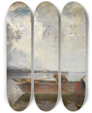 Triptych art skateboard deck of Joseph Wopfner Fischerzug Am Chiemsee by Joseph Wopfner (1843-1927)