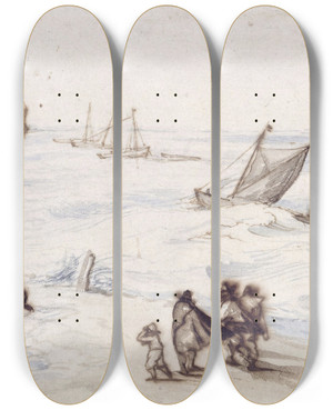 Triptych art skateboard deck of Jan Brueghel The Elder Beach With Sailboats And Stormy Sea by Jan Brueghel The Elder (1568-1625)