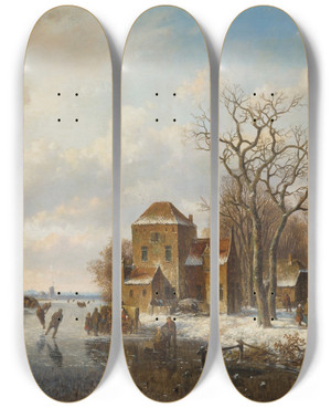 Triptych art skateboard deck of Willem Vester Skaters On A Frozen Waterway by Willem Vester