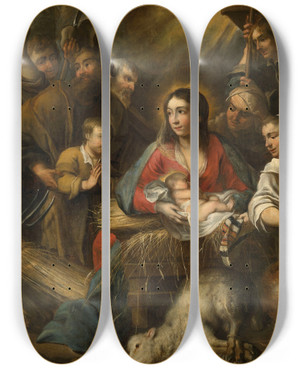 Triptych art skateboard deck of Jan Cossiers The Adoration Of The Sheperds by Jan Cossiers (1600-1671)
