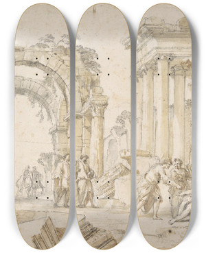 Triptych art skateboard deck of Giovanni Paolo Panini Figures In Classical Ruins by Giovanni Paolo Panini (1691-1765)