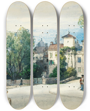 Triptych art skateboard deck of William Wyld View Of Dax by William Wyld (1806-1889)