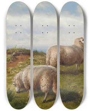 Triptych art skateboard deck of Charles Jones Sheep On The Hill by Charles Jones (1836-1892)