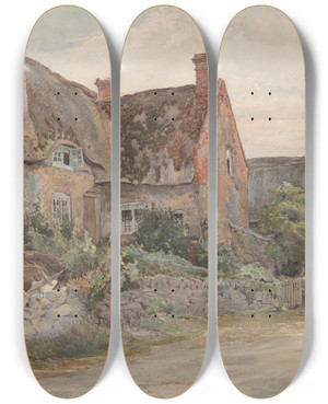 Triptych art skateboard deck of John Fulleylove Thatched Cottage With Barn Adjoining by John Fulleylove