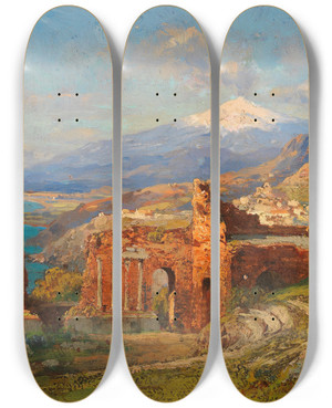 Triptych art skateboard deck of Carl Wuttke Blick Vom Antiken Theater In Taormina Auf Den Tna_1 by Carl Wuttke (1849-1927)