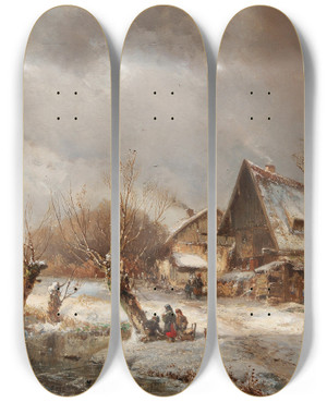 Triptych art skateboard deck of Adolf Stademann Winter Landscape With Farmstead by Adolf Stademann (1824-1895)