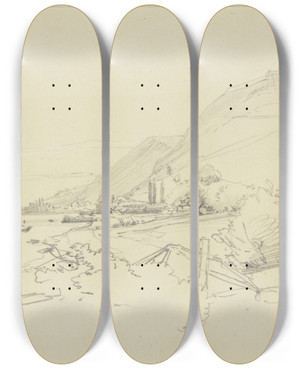 Triptych art skateboard deck of Jakob Becker Landscape Of The Middle Rhine by Jakob Becker (1810-1872)