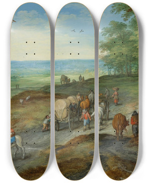 Triptych art skateboard deck of Jan Brueghel The Elder A Panoramic Landscape With A Covered Wagon And Travelers On A Highway by Jan Brueghel The Elder (1568-1625)