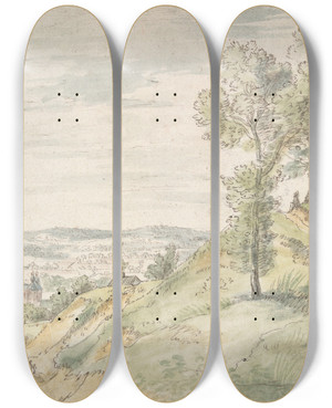 Triptych art skateboard deck of Circle Of Gillis Neyts Figures On A Hill Viewing Acastle by Circle Of Gillis Neyts (1623-1687)