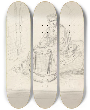 Triptych art skateboard deck of Adolph Tidemand Mor Med Barn by Adolph Tidemand (1814-1876)