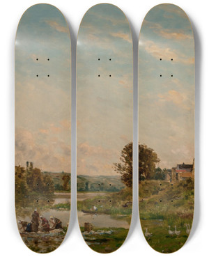 Triptych art skateboard deck of Hippolyte Camille Delpy Les Lavandeuses by Hippolyte Camille Delpy (1842-1910)