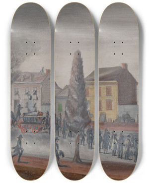 Triptych art skateboard deck of William P Chappel Fighting A Fire by William P Chappel (1801-1878)