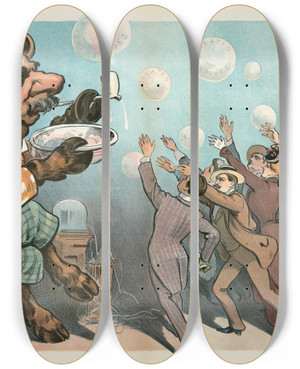 Triptych art skateboard deck of Udo Keppler Wall Street Bubbles Always The Same by Udo Keppler (1872-1956)