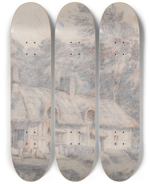 Triptych art skateboard deck of David Cox Cottage In Herefordshire by David Cox (1783-1859)