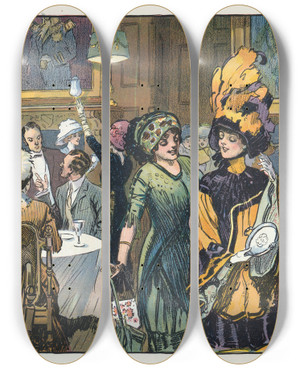 Triptych art skateboard deck of Gordon Grant Ladies Day At The Club by Gordon Grant (1875-1962)