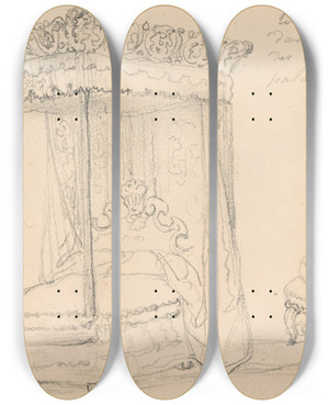 Triptych art skateboard deck of Nicaise De Keyser Mary Stuarts Bed In Holyrood Palace In Edinburgh by Nicaise De Keyser (1813-1887)