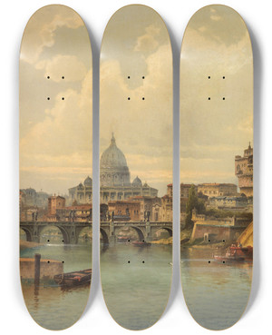 Triptych art skateboard deck of Karl Kaufmann Ansicht Von Rom Mit St Peter Und Engelsburg by Karl Kaufmann (1843-1905)
