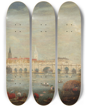 Triptych art skateboard deck of Frederick Nash The Monument And London Bridge by Frederick Nash (1782-1856)