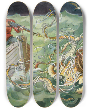 Triptych art skateboard deck of Udo Keppler Dont Shoot Ill Let Go by Udo Keppler (1872-1956)
