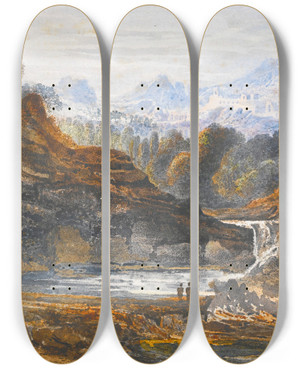 Triptych art skateboard deck of John Martin Figures In A Classical Landscape by John Martin (1789-1854)