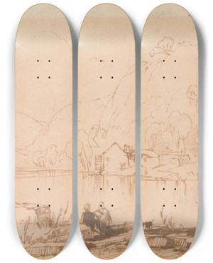 Triptych art skateboard deck of Thomas Creswick Fisherman By A River by Thomas Creswick (1811-1869)