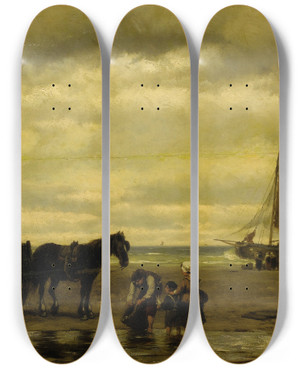 Triptych art skateboard deck of Johannes Hermanus Barend Koekkoek Seaweed Gatherers by Johannes Hermanus Barend Koekkoek (1840-1912)