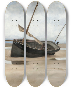 Triptych art skateboard deck of August Hagborg Boat On Shore by August Hagborg (1852-1921)