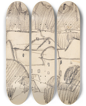 Triptych art skateboard deck of Hermann Stenner Burg Monschau by Hermann Stenner (1891-1914)