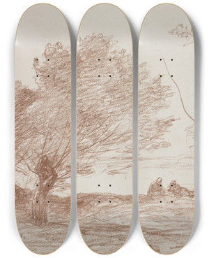 Triptych art skateboard deck of Jeanbaptistecamille Corot Willows And Poplars by Jean-Baptiste-Camille Corot (1796-1875)