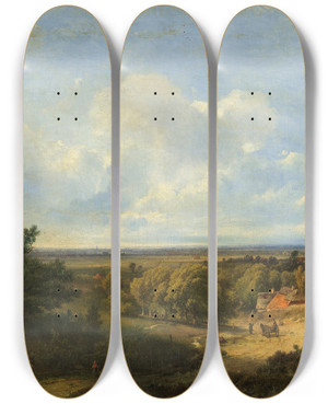 Triptych art skateboard deck of Pieter Lodewijk Francisco Kluyver Extensive Landscape With A Windmill In The Distance by Pieter Lodewijk Francisco Kluyver (1816-1900)