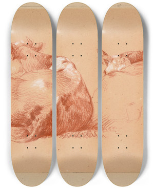 Triptych art skateboard deck of Jacquesraymond Brascassat Deux Tudes De Vache Couche by Jacques Raymond Brascassat (1804-1867)