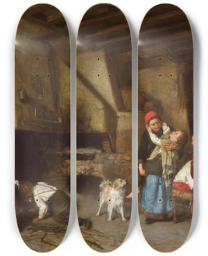 Triptych art skateboard deck of Thophile Duverger Bedtime by Theophile Duverger (1821-1898)