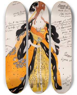 Triptych art skateboard deck of Lon Bakst Costume Design For La Belle Au Bois Dormant Dame Dhonneur Avec Le Page Portant Le Train by Leon Bakst (1866-1924)