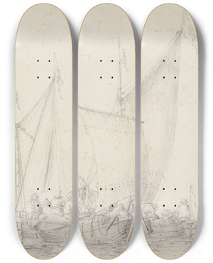 Triptych art skateboard deck of Simon De Vlieger Barken Liegen An Einem Gemauerten Quai Auf Welchem Mehrere Figuren Stehen by Simon de Vlieger (1601-1653)