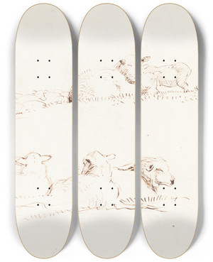 Triptych art skateboard deck of George Richmond Studies Of Sheep In Pasture by George Richmond (1809-1896)